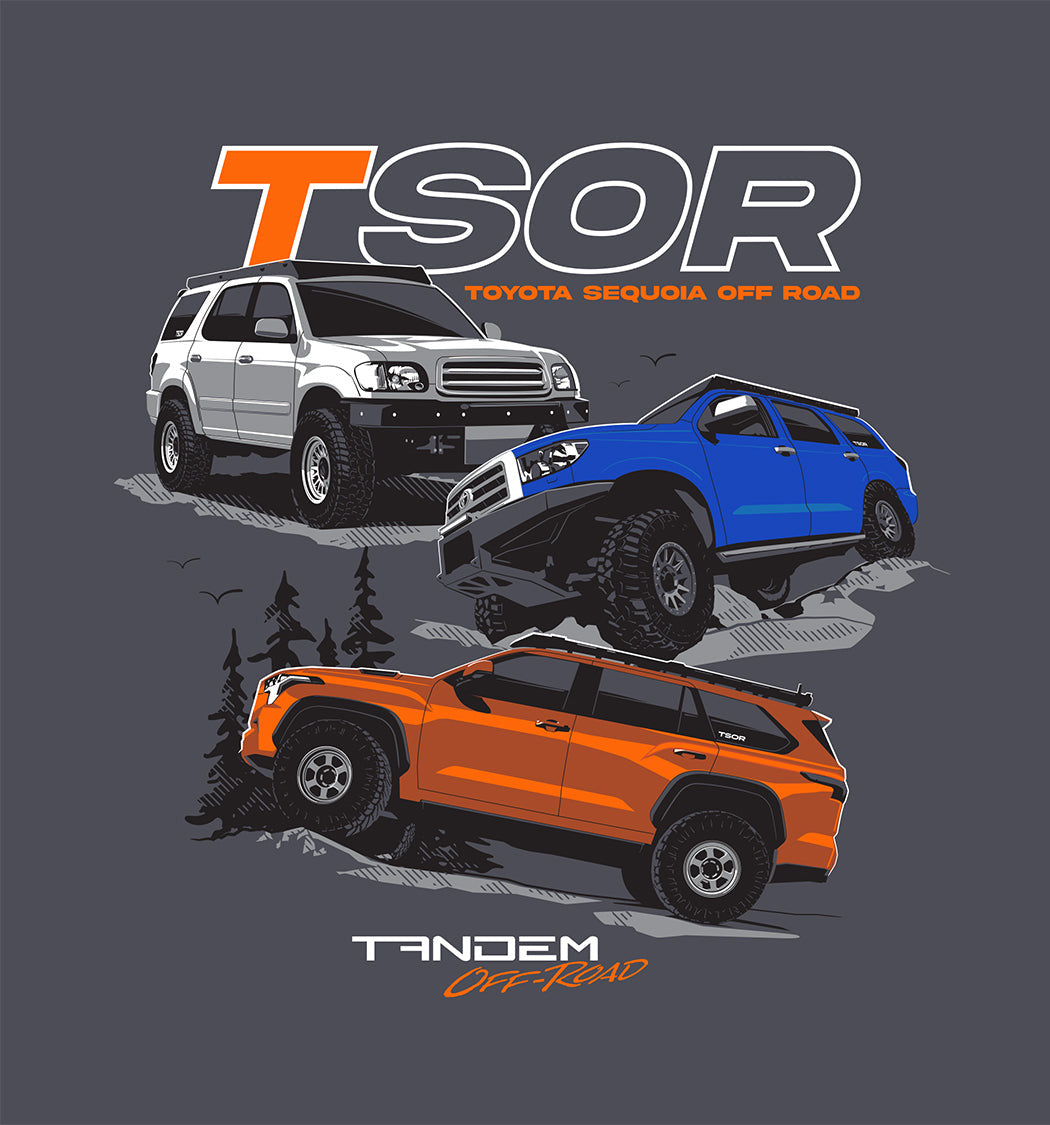 Three off-road vehicles with 'TSOR' and 'Tandem Off-Road' branding on a gray background.