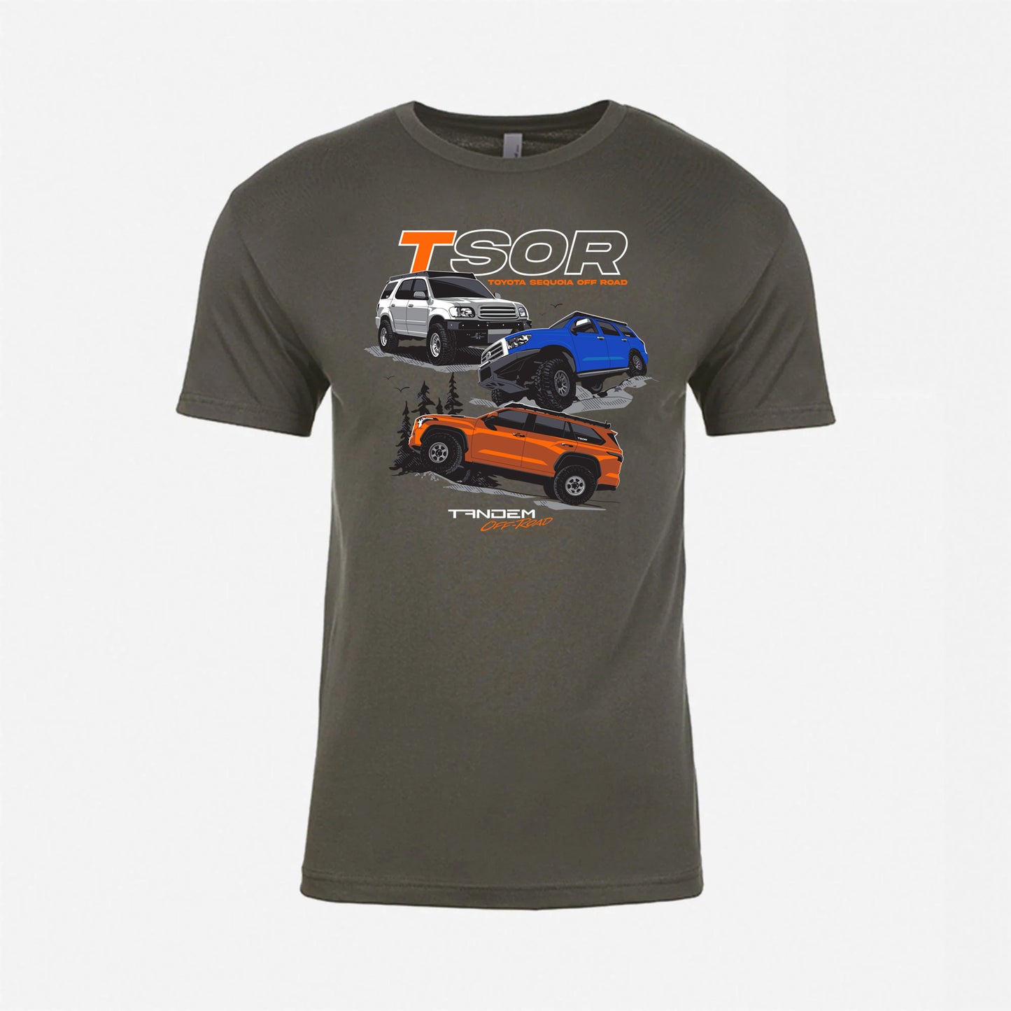 Gray t-shirt with vehicle graphics and 'TSOR' branding on a white background