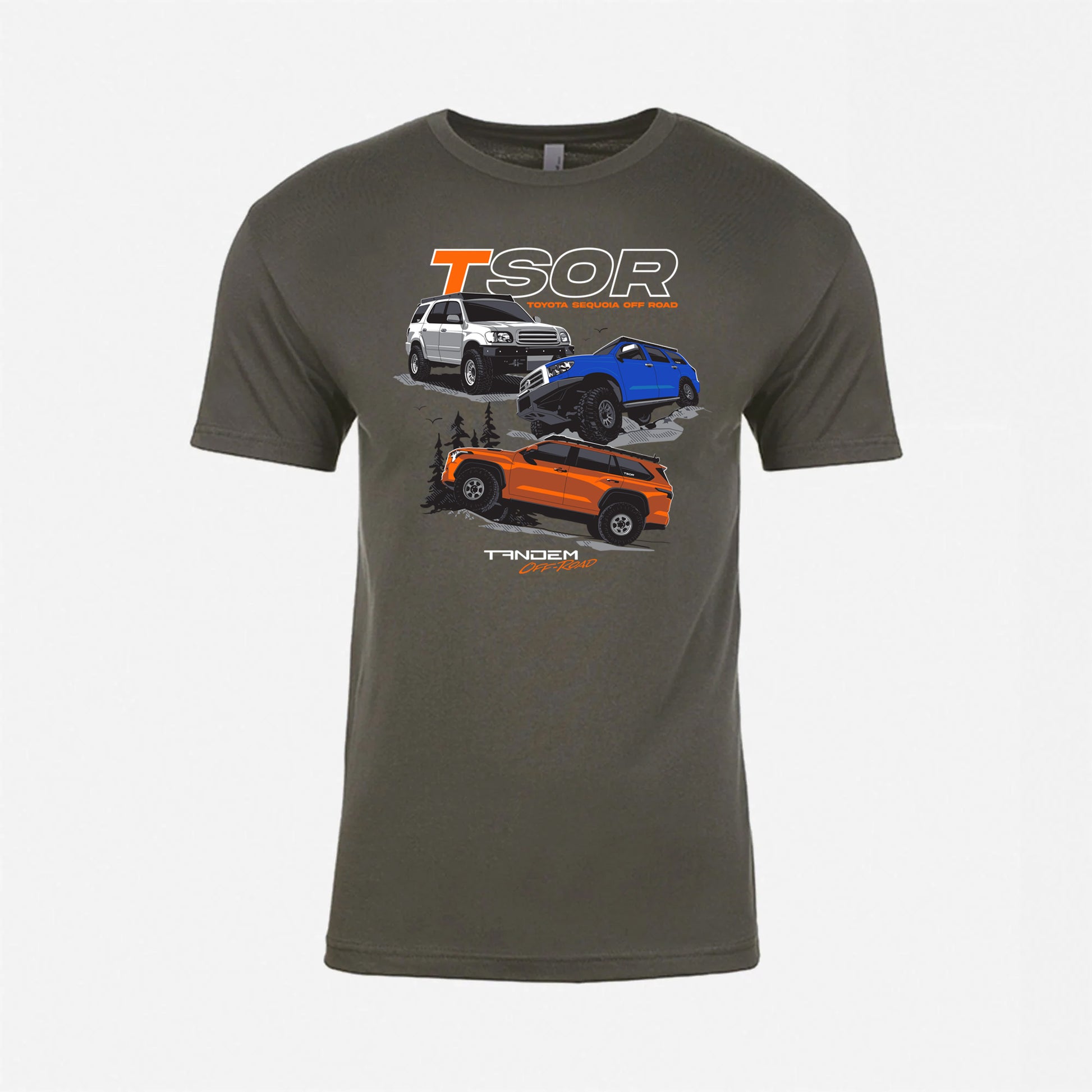 Gray t-shirt with vehicle graphics and 'TSOR' branding on a white background