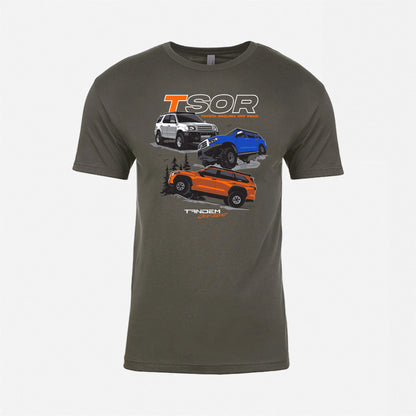 Gray t-shirt with vehicle graphics and 'TSOR' branding on a white background